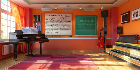 Music Room Wall: Displaying music theory charts, instrument care instructions, and a board with music ensemble rehearsal schedules