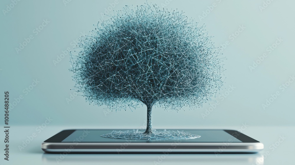 Poster growth through connection: a tree made of digital nodes and lines grows out of a tablet, each branch