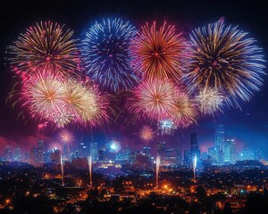 Fourth of July fireworks over a vibrant city skyline, dynamic composition, soft lighting, festive atmosphere, realism