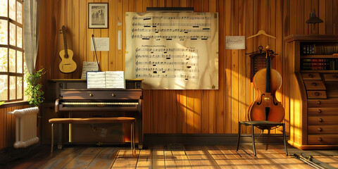 Music Room Wall: Displaying music theory charts, instrument care instructions, and a board with music ensemble rehearsal schedules