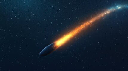 Obraz premium Celestial Comet Gliding Through Starry Night, a mesmerizing digital artwork showcasing a luminous comet's tail illuminating the vast, dark expanse of the universe.