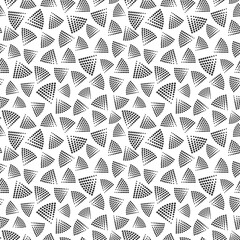 Triangular shapes from halftone dots grouped in  seamless pattern. Subtle surface art in black and white for use in fabric or graphic design or printing on various surfaces.
