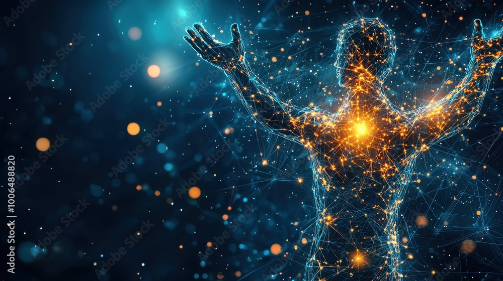 Poster hands of support and growth: an abstract figure is being lifted up by multiple hands, with glowing l
