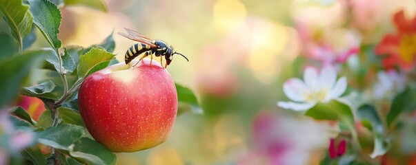 Wasp eating a red apple on tree branch