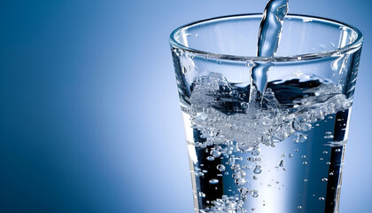 Filling up a glass of water . Blue background