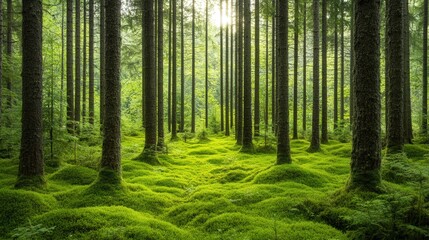 Obraz premium Verdant Woodland Oasis, lush green trees tower overhead, a vibrant carpet of moss underfoot, gentle sunlight filters through the leaves, creating a serene natural sanctuary.