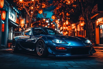 Blue Sports Car Underneath a String of Lights