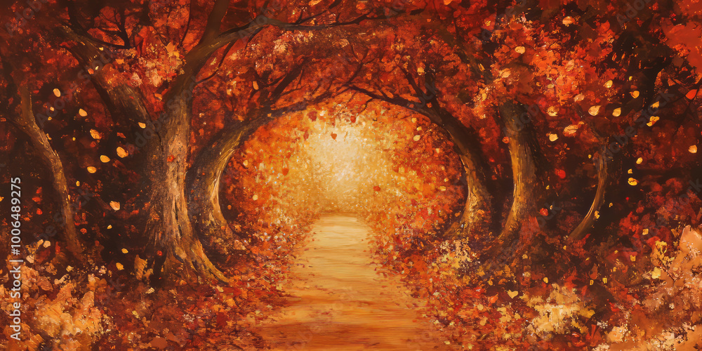 Canvas Prints autumn forest path with falling leaves under red and orange trees. digital illustration with glowing
