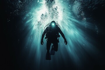 Silhouette of a Diver Ascending Through a Sunbeam in the Ocean