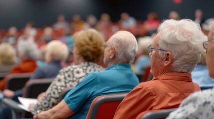 Lifelong Learning in Action, Seniors engaged in a vibrant lecture, modern auditorium filled with knowledge, fostering community and connection among the elderly