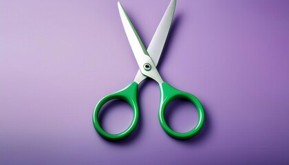 Close-Up of Stainless Steel Scissors with Green Handles Resting on a Smooth, Soft Purple Surface. Sharp and Modern Cutting Tool for Office, Crafts, or Home Use