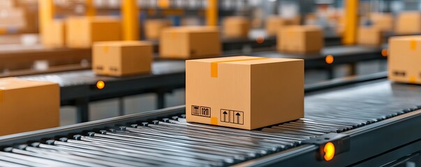 Detailed shot of shipping boxes on a conveyor belt, modern warehouse, bright and clean industrial space, natural light enhancing the vibrant environment