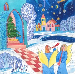 Watercolor illustration. The angels are singing a Christmas song and the stars are shining. The New Year's tree is in the house. The holiday is coming. Nice design for your print.