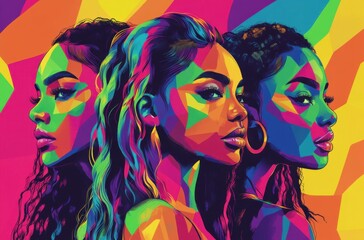 Obraz premium Dynamic and Vibrant Portraits Celebrating Female Identity in Colorful Geometric Style