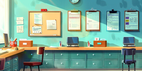 Doctor's Office Wall: Displaying medical diplomas, patient charts, and a board with treatment plans