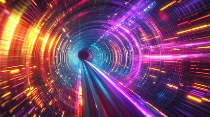 Obraz premium An illustration of a neon rainbow tunnel designed in a retro wave style, depicting a retro-futuristic sci-fi game scene with a warp tube.