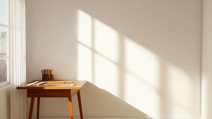 Drafting desk by a window, tools and rulers neatly placed, sunlight filtering in through sheer curtains