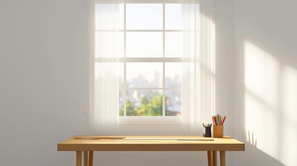 Fototapeta premium Drafting desk by a window, tools and rulers neatly placed, sunlight filtering in through sheer curtains