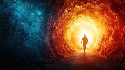 Naklejka premium Keyhole of Determination: A large, glowing keyhole in the middle of a vast stone wall, with a determined figure running toward it