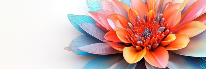 Obraz premium A vibrant 3D representation of a flower with intricate petals and leaves, rendered in bright colors, isolated against a white background to symbolize ecological beauty
