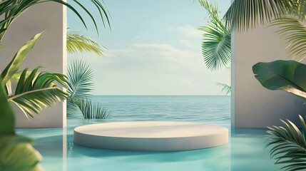 Obraz premium Tropical Minimalist Podium Surrounded by Water and Palms