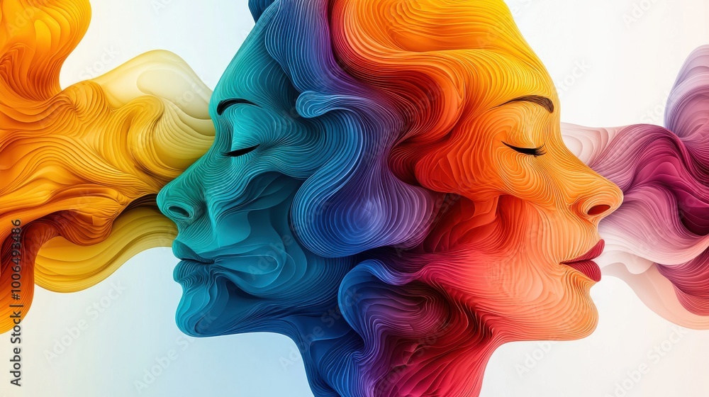 Aufkleber layered faces of growth: multiple translucent human faces layered on top of each other, each with di