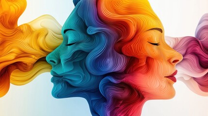 Layered Faces of Growth: Multiple translucent human faces layered on top of each other, each with different expressions and colors