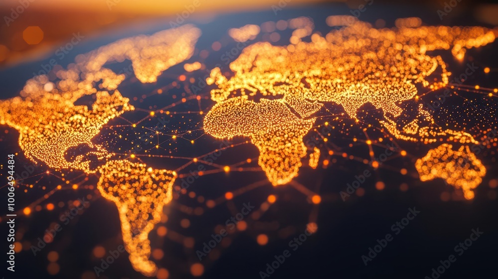 Poster a glowing, interconnected map of the world, showcasing vibrant, illuminated dots representing networ
