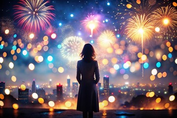 A girl looks at the fireworks in the night sky above the city. Happy City Day. Festive fireworks.