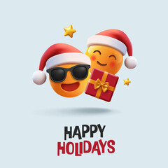 3D funny emojis in Christmas hats, gift box, stars. Happy holidays. Banner for Merry Christmas and New Year celebration concepts. Vector