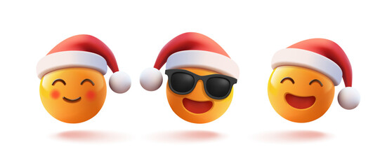 3D set of funny, happy emojis, emoticons, in Christmas red hats. Realistic icons for design and advertising concepts for Christmas promotional materials. Vector illustration.