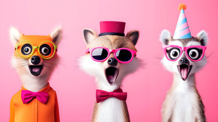 Colorful Cartoon Animals Party Hats Sunglasses Fun Celebration Excitement Expressions