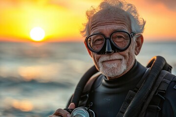 Fototapeta premium Senior Man Wearing Diving Gear at Sunset