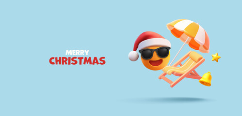 3D happy Emoji in a Christmas hat on the beach. Sunbed, beach umbrella, bell, star. Banner for Christmas and New Year celebration concepts in a flowing sunny country. Vector