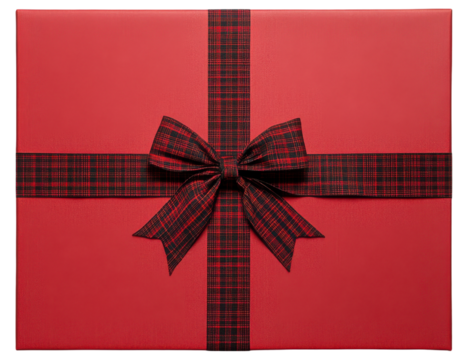 Red square gift box adorned with black and red plaid ribbon and bow.