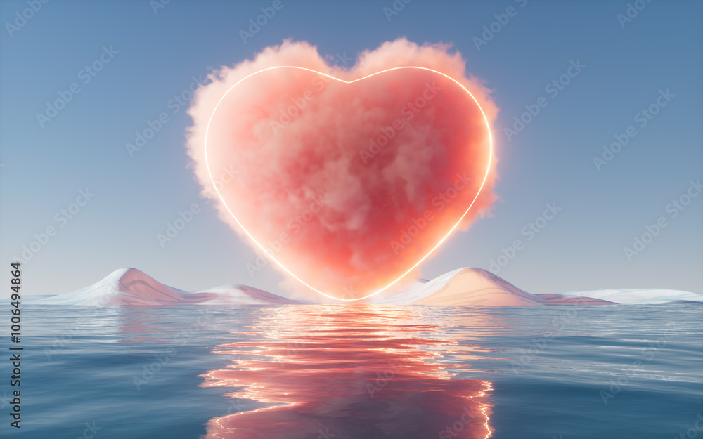 Poster heart shape cloud with glowing neon lines, 3d rendering.