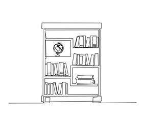 Continuous one line drawing of library bookshelf furniture. Bookcases with books , globe and microscope simple line art vector design.