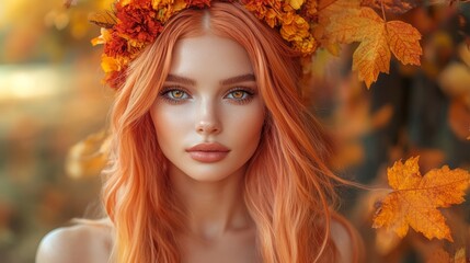 A beautiful woman with flowing orange hair, surrounded by vibrant autumn leaves and wearing a floral crown in warm tones.