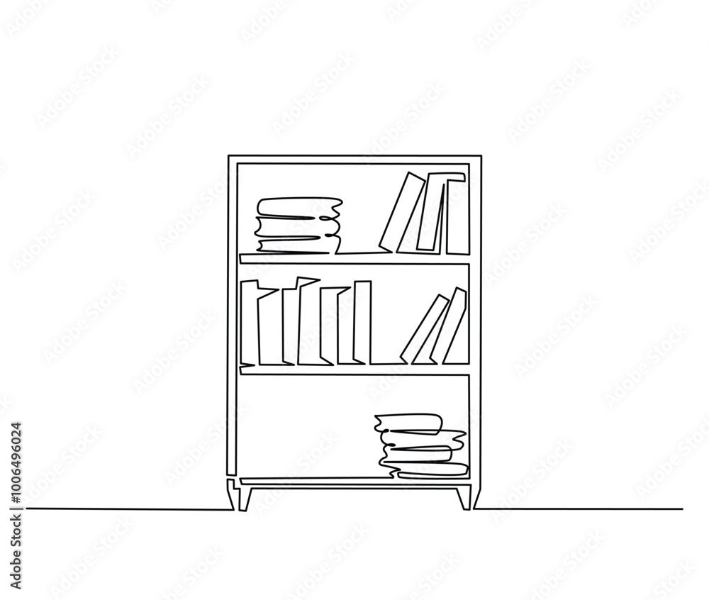 Poster continuous one line drawing of library bookshelf furniture. bookcases with books simple line art vec