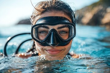 Fototapeta premium Close-up Portrait of a Woman Wearing a Diving Mask in the Water