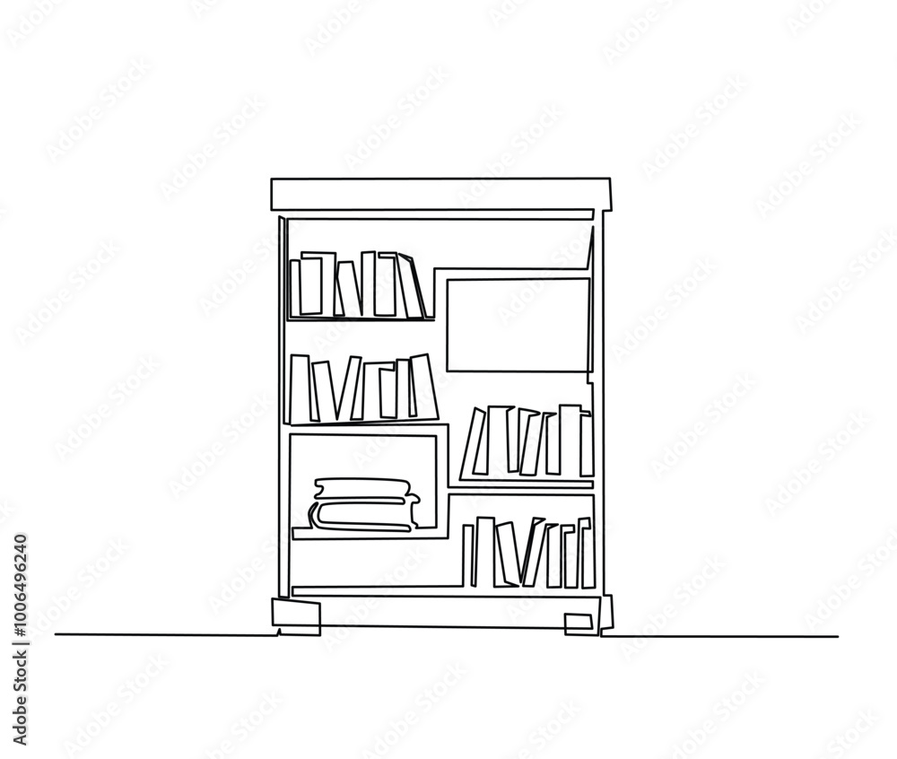 Poster continuous one line drawing of library bookshelf furniture. bookcases with books simple line art vec