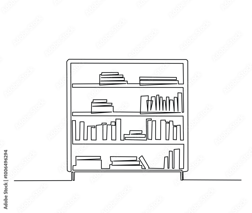 Poster continuous one line drawing of library bookshelf furniture. bookcases with books simple line art vec