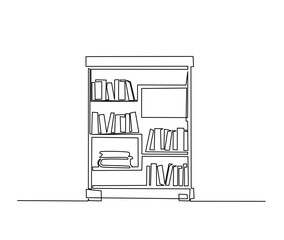 Continuous one line drawing of library bookshelf furniture. Bookcases with books simple line art vector design. © Line addict