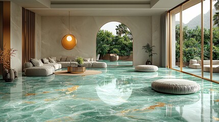A soft green marble slab with pastel tones and intricate gold veins, creating a serene and luxurious ambiance