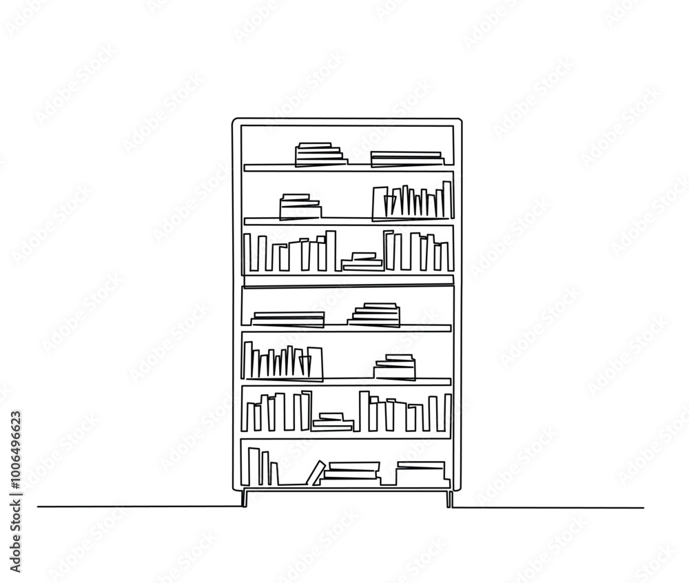 Poster continuous one line drawing of library bookshelf furniture. bookcases with books simple line art vec