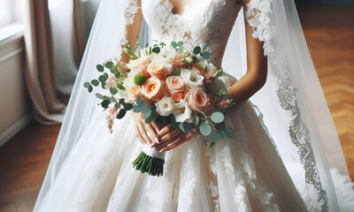 Braut im weißen Hochzeitskleid mit close up auf den Blumestrauss, Brautstrauss