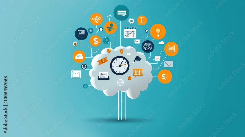 Poster mind map to success: a floating brain with neural connections branching out into different direction