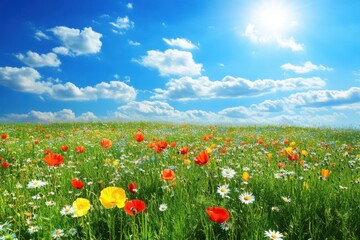 Fototapeta premium A Vibrant Field of Wildflowers Under a Brilliant Blue Sky: Nature's Springtime Beauty