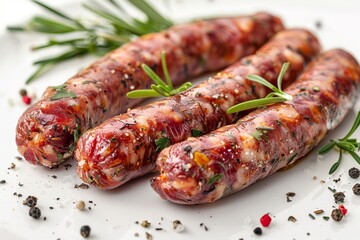 Italian sausage with herbs and spices on white background