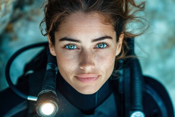 Close-up Portrait of a Female Diver with Freckles and Blue Eyes
